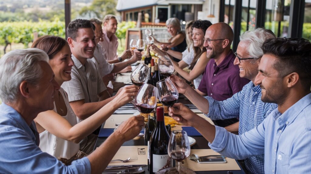 A group of men and women sitting at a long table toasting each other with glasses of wine.