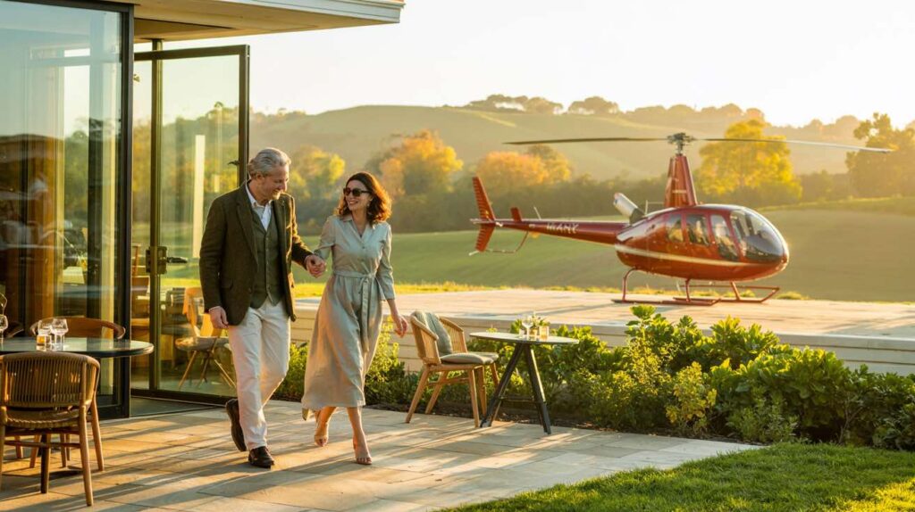 A man and woman walking out of a restaurant in the Yarra Valley with a red helicopter in the background