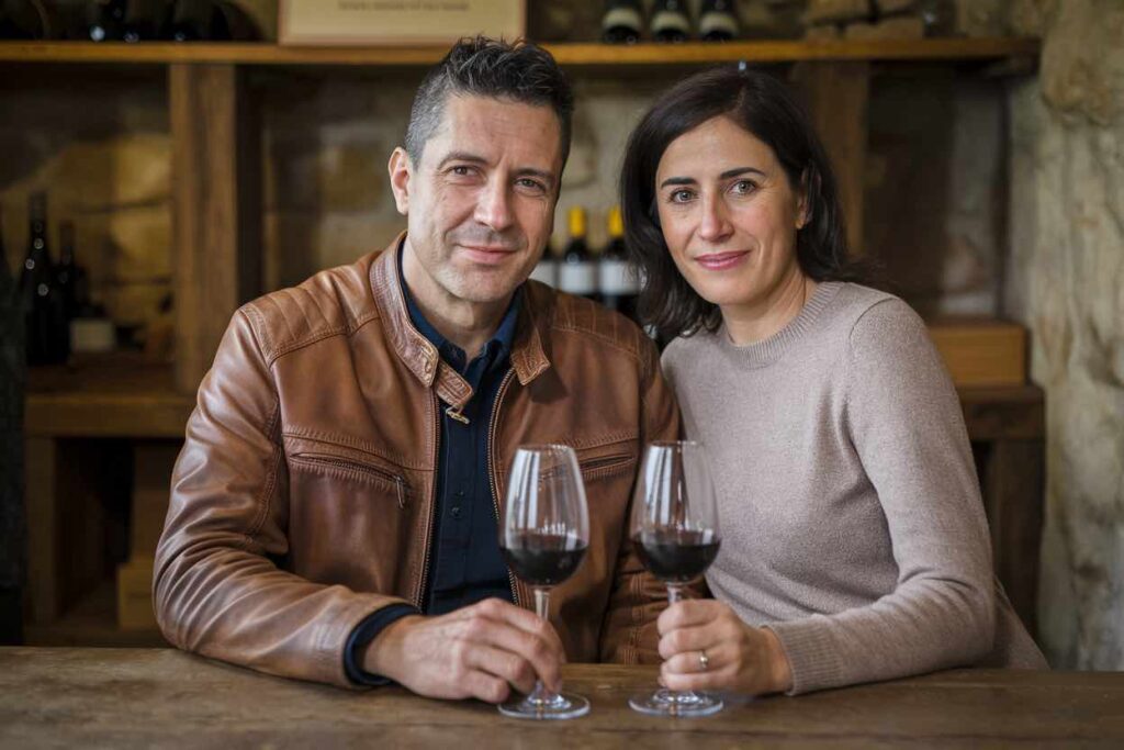 A medium shot of a 45-year-old Italian couple at a cellar door wine tasting in the Yarra Valley. The man has short, dark hair and wears a brown leather jacket. The woman has medium-length dark hair and wears a beige sweater. They are sitting at a wooden table. The background is a rustic cellar with stone walls and wooden shelves.