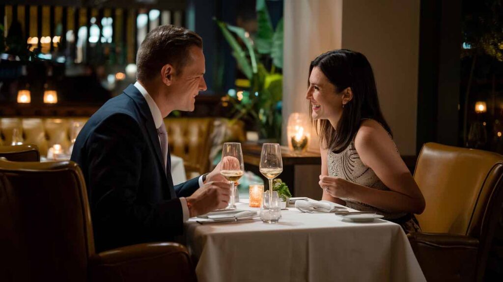 A photo of a 45-year-old Australian couple having dinner in a fine dining restaurant in the Yarra Valley in Victoria, Australia. The man is wearing a suit and the woman is wearing a dress. They are sitting at a table with a white tablecloth. There are candles on the table. The background contains other tables and dim lighting