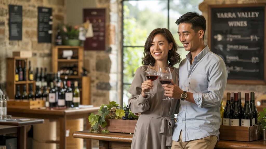 a couple enjoying a glass of wine at a cellar door wine tasting at a winery in the Yarra Valley