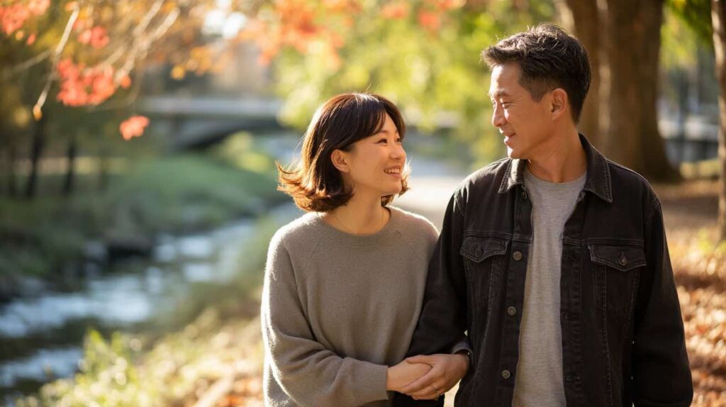 An asian couple enjoying a walk in the afternoon sun during a romantic getaway Yarra Valley
