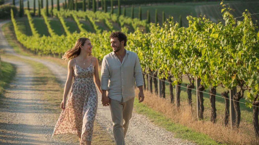 A couple walking on a gravel path surrounded by grape vines during a romantic getaway Yarra Valley