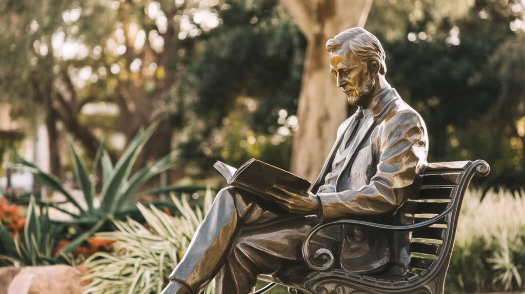 A photo of a Melbourne botanical garden on a sunny afternoon. There's a bronze sculpture of a man reading a book and sitting on a bench. The man is wearing a suit and has a beard. The background is filled with plants and trees. The overall image has a warm hue.