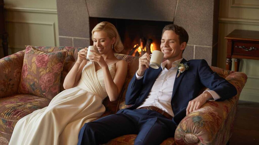 A wedding couple, aged about 32, relaxing on a couch at the end of their wedding day at one of the recommendations for wedding accommodation Yarra Valley. They are having a cup of coffee and unwinding after a long day. The room is Australian heritage style and their is an open fire burning softly behind them in the fireplace. less 